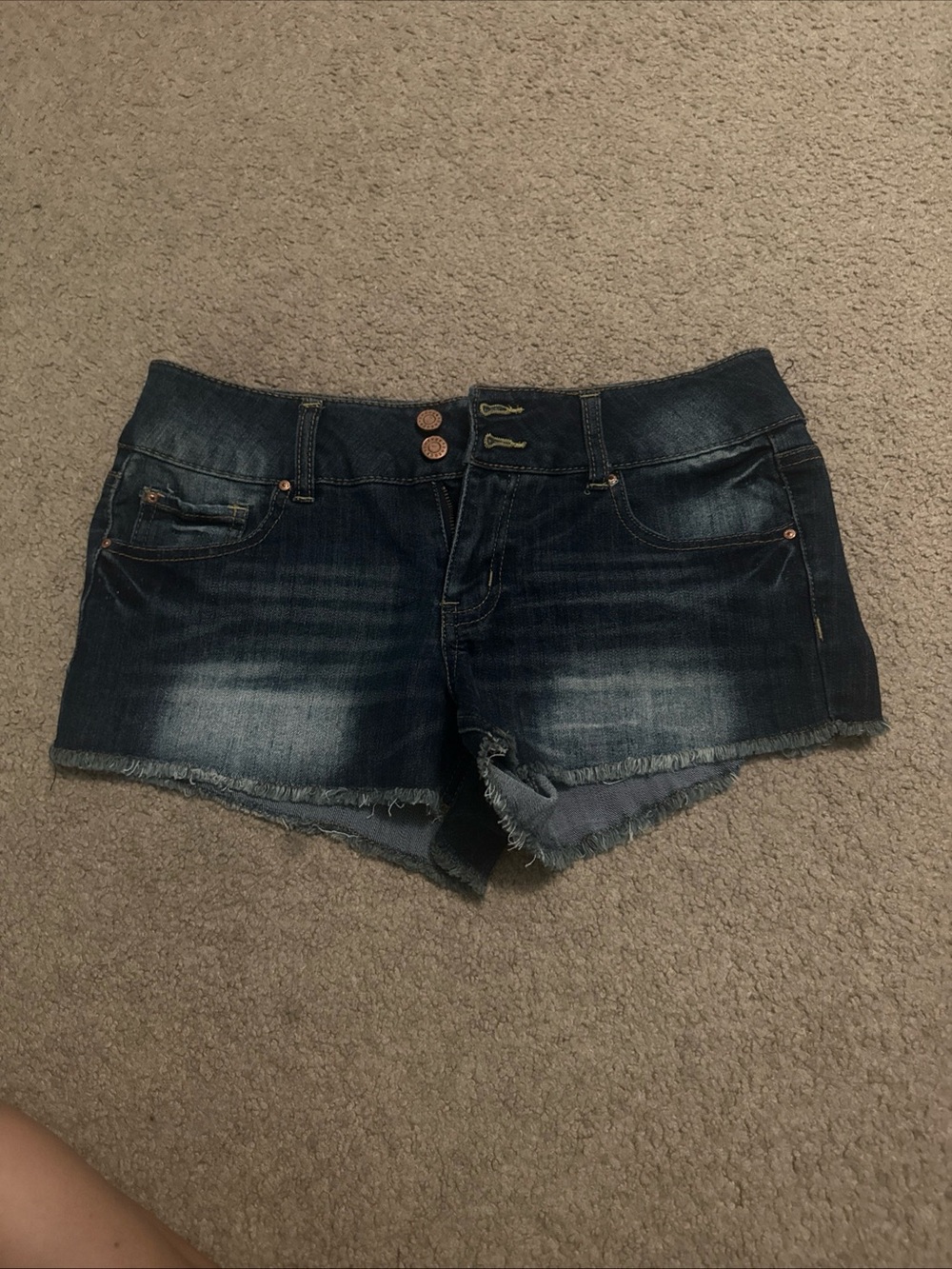 refuge Dark Blue Frayed Hem Denim Shorts